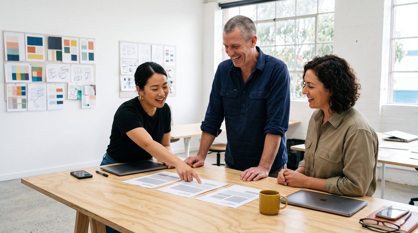 Three people from an agency leadership team at a plywood table with three printed one-page plans, one pointing, one laughing
