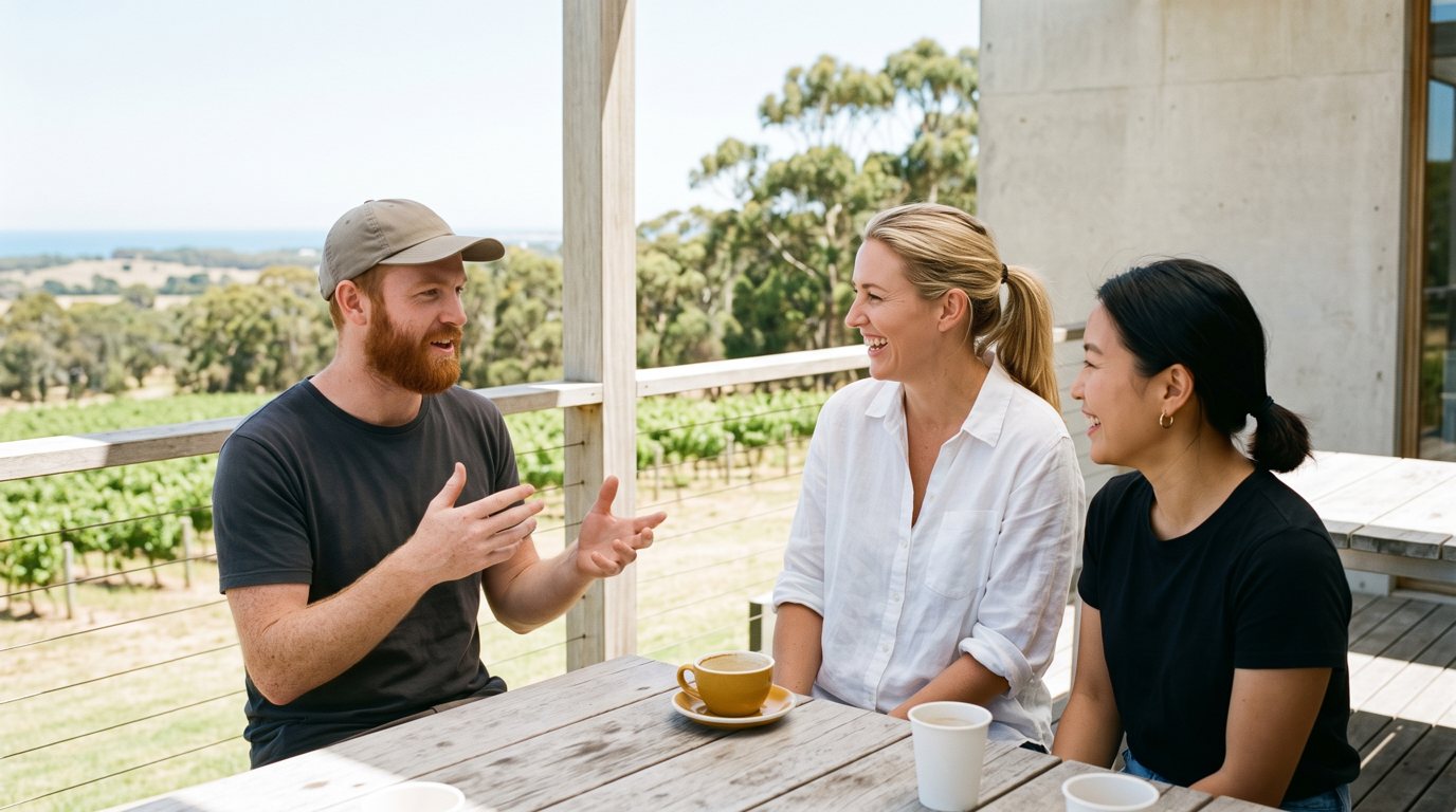 Three people with coffee on a winery deck, vines behind, one telling a story with both hands, the others laughing