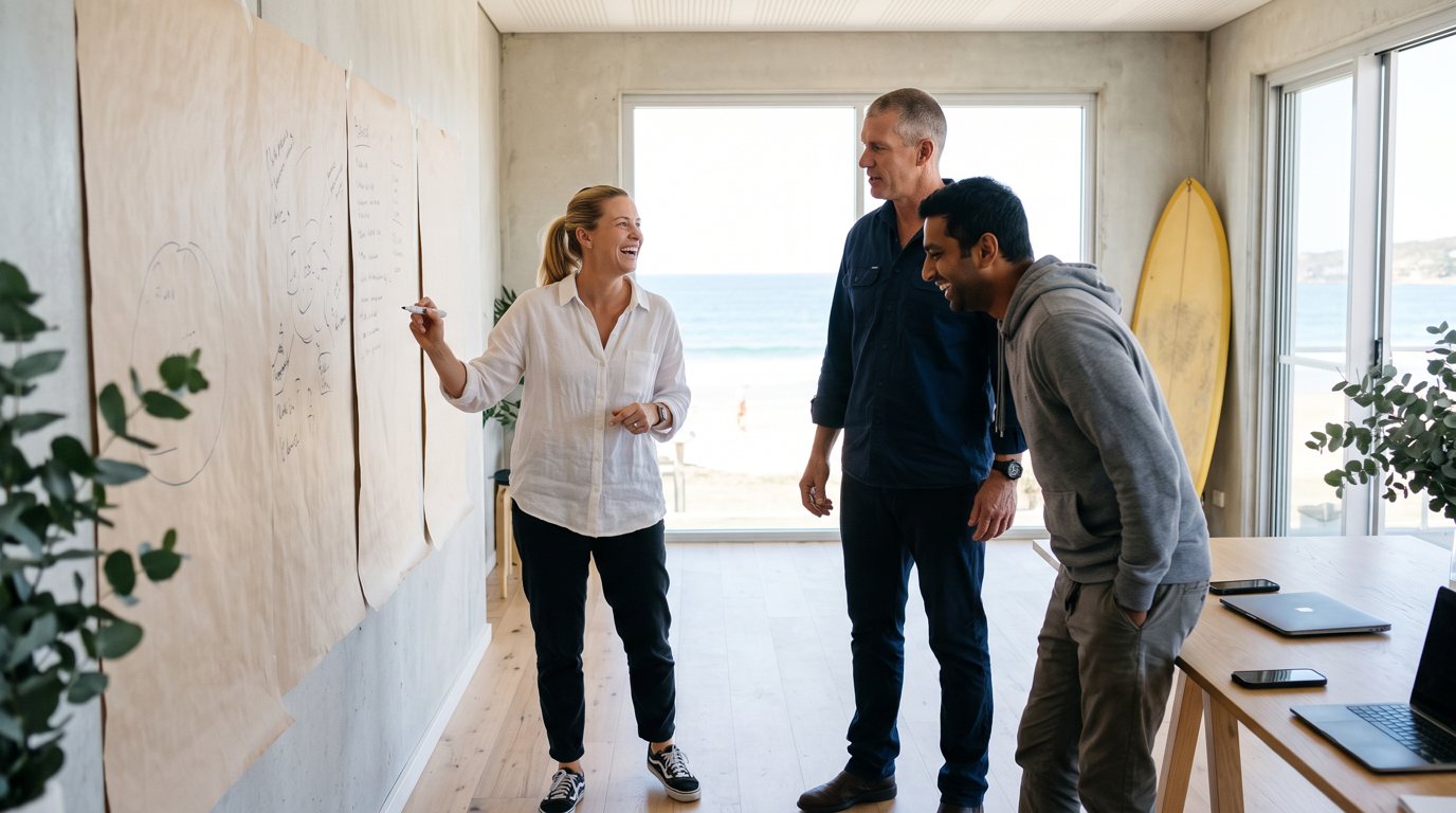 Upstairs at a surf club, a woman laughing with a marker at a wall of butcher's paper, two colleagues beside her, the beach through the window