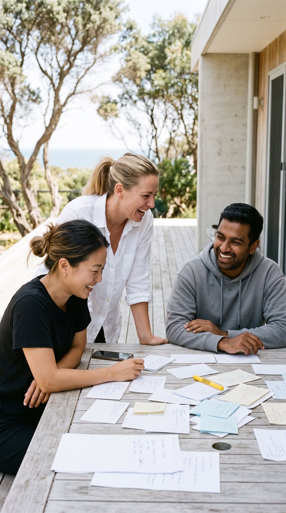 Three people from a leadership team around an outdoor table on a beach house deck, cards spread out, laughing